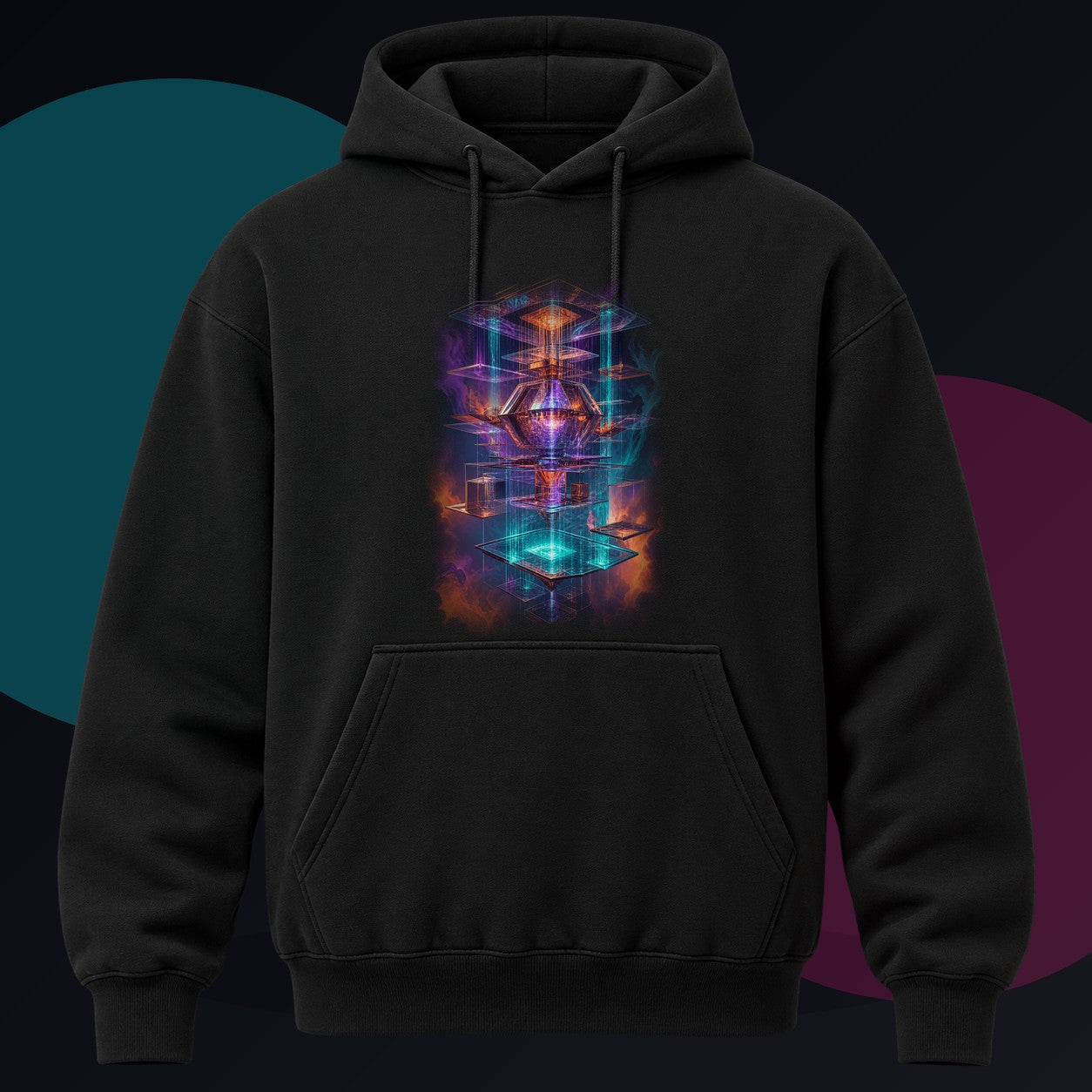 Impossible Rain Processor original KOSVYRE design on a black hoodie against a graphite studio background