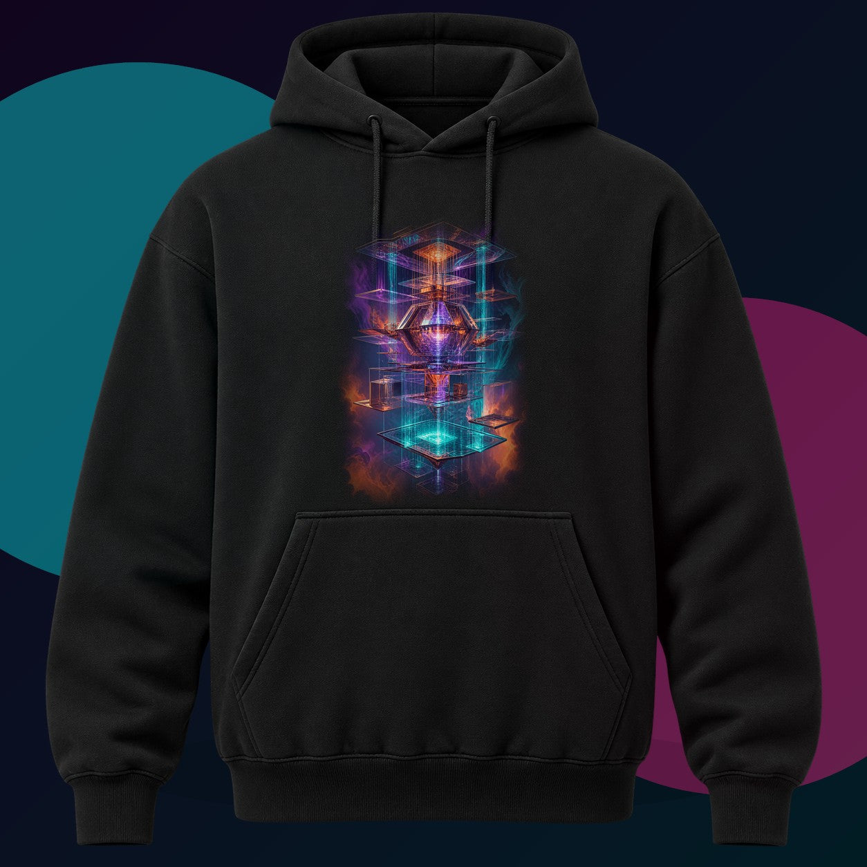 Impossible Rain Processor original KOSVYRE design on a black hoodie with cyan and violet studio lighting