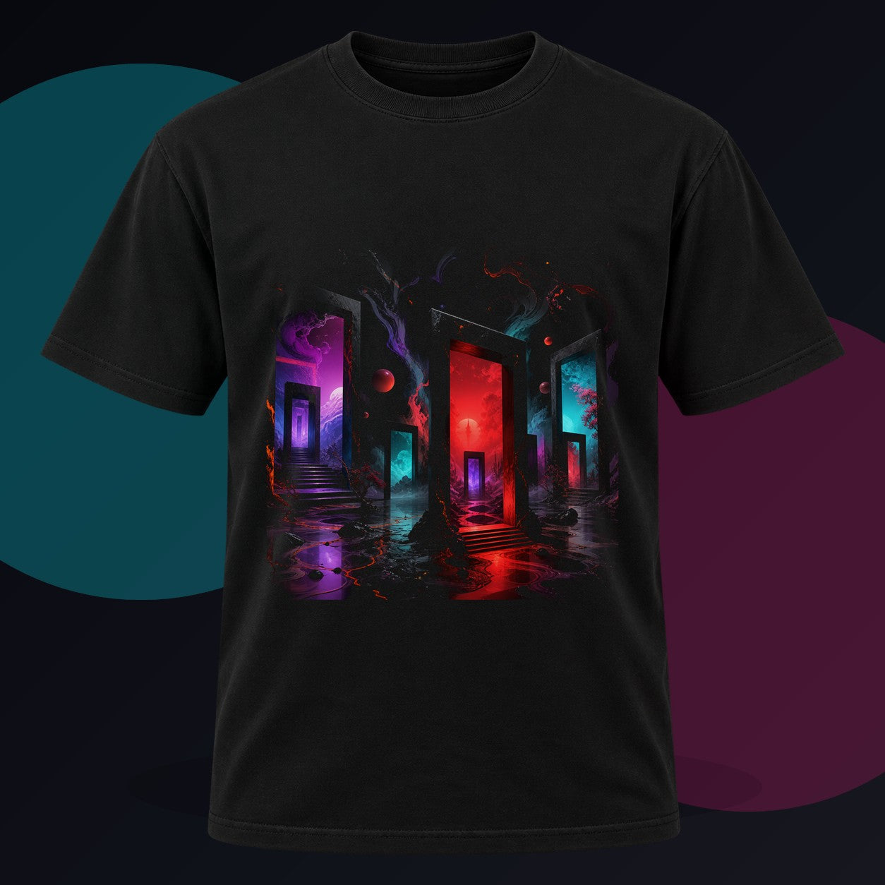 Infrared Orchard of Doors original KOSVYRE design on a black graphic tee against a graphite studio background