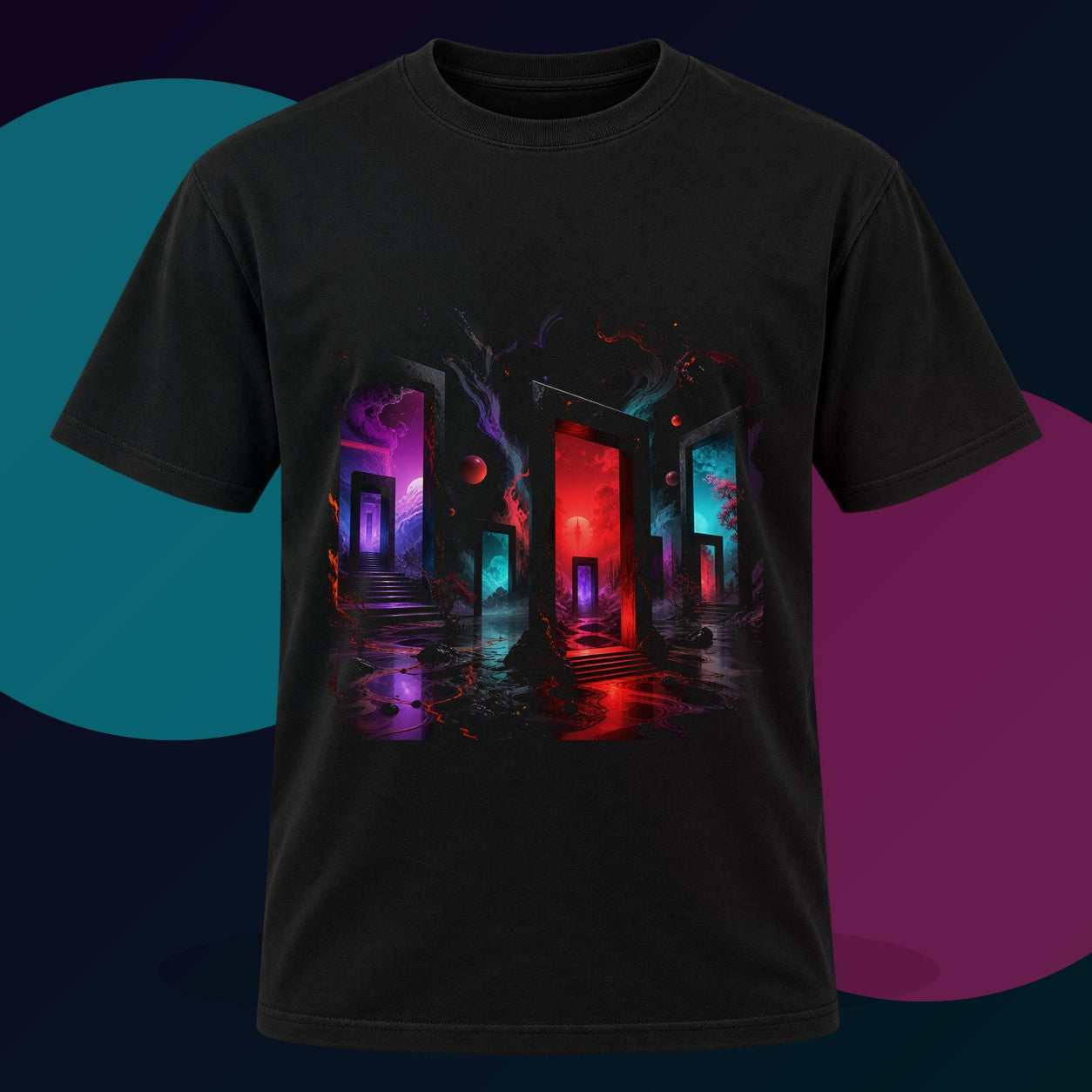 Infrared Orchard of Doors original KOSVYRE design on a black graphic tee with cyan and violet studio lighting