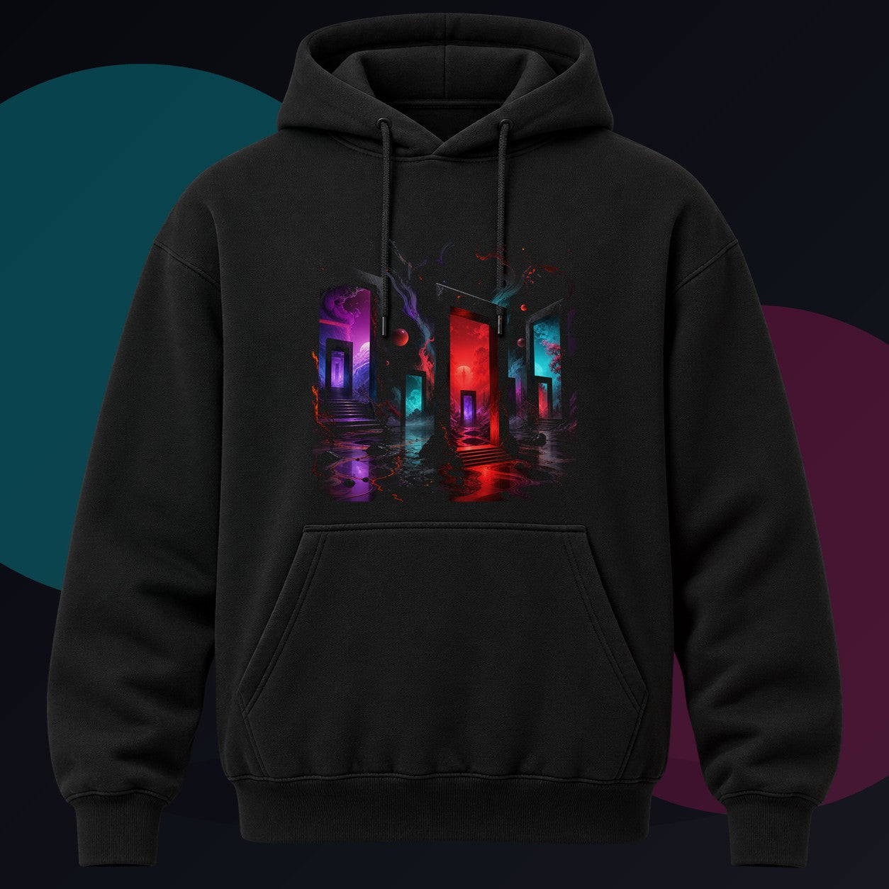 Infrared Orchard of Doors original KOSVYRE design on a black hoodie against a graphite studio background