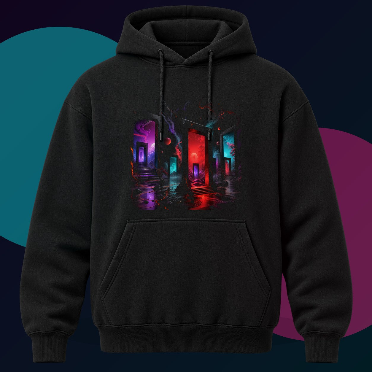 Infrared Orchard of Doors original KOSVYRE design on a black hoodie with cyan and violet studio lighting