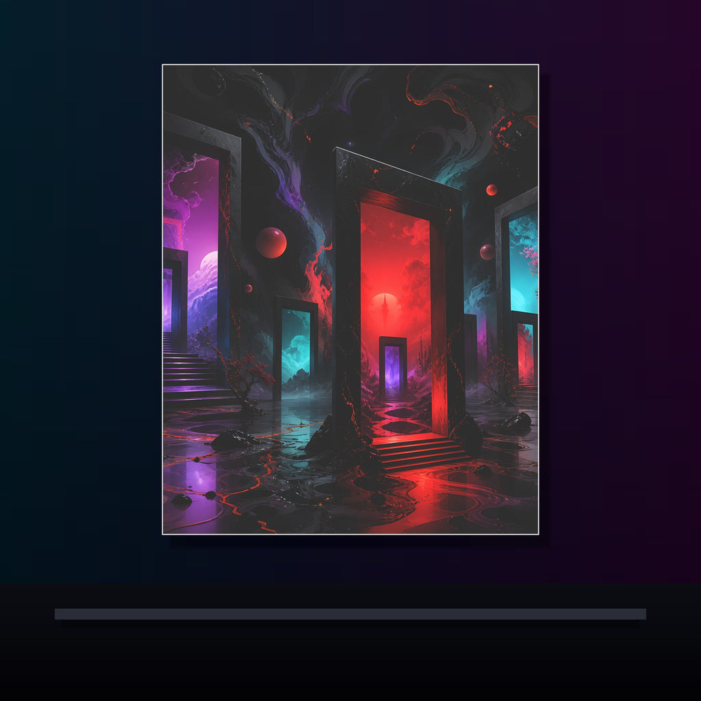 Infrared Orchard of Doors original KOSVYRE poster displayed in a dark psychedelic gallery setting