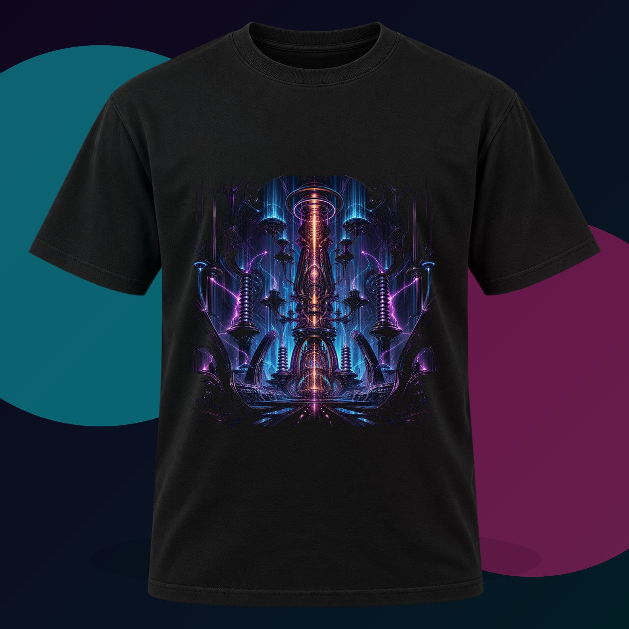 Ion Cathedral original KOSVYRE design on a black graphic tee with cyan and violet studio lighting
