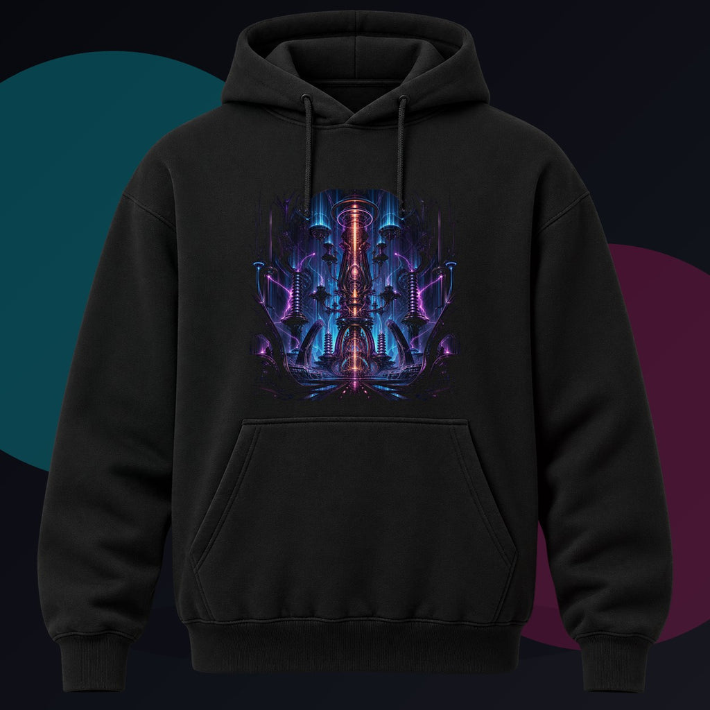 Ion Cathedral original KOSVYRE design on a black hoodie against a graphite studio background
