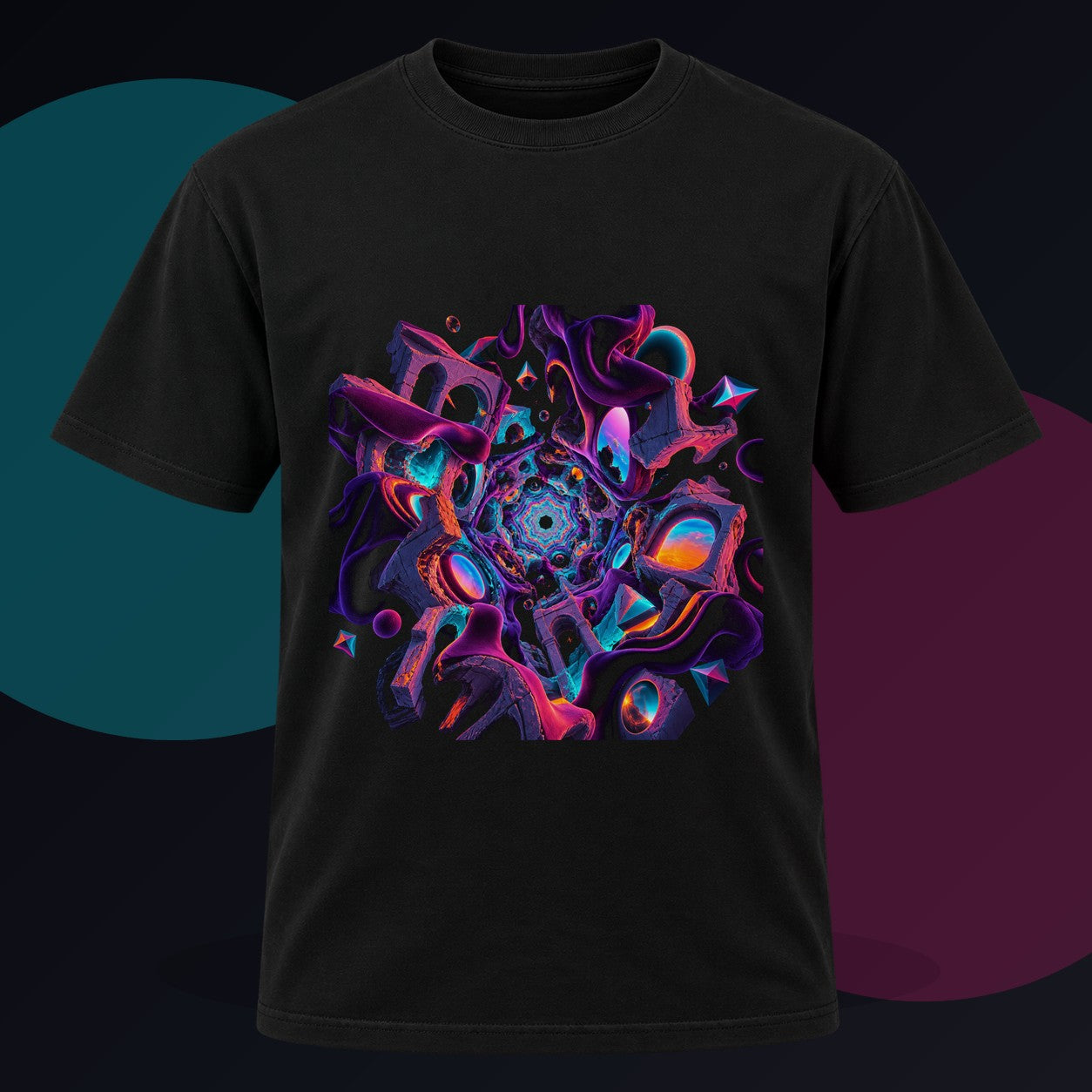 Kaleidoscope Soft Ruins original KOSVYRE design on a black graphic tee against a graphite studio background