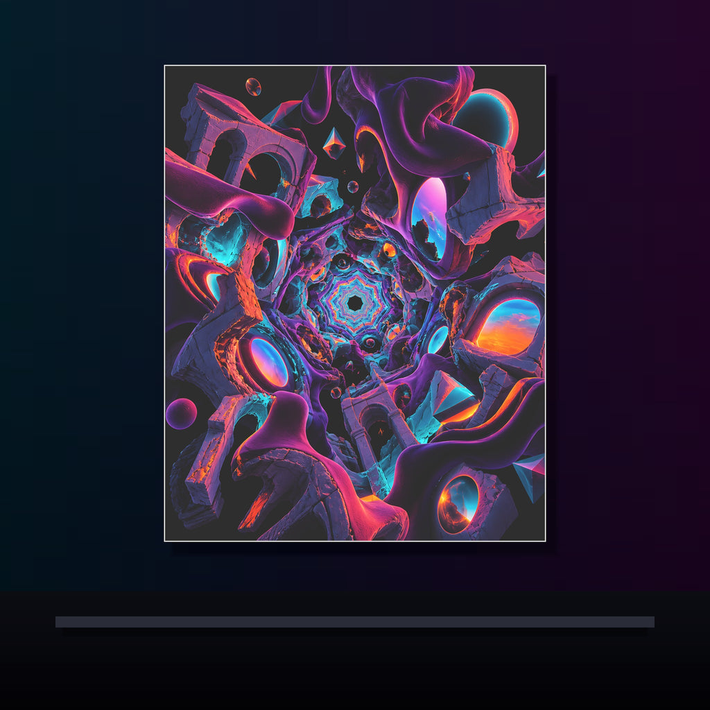 Kaleidoscope Soft Ruins original KOSVYRE poster displayed in a dark psychedelic gallery setting