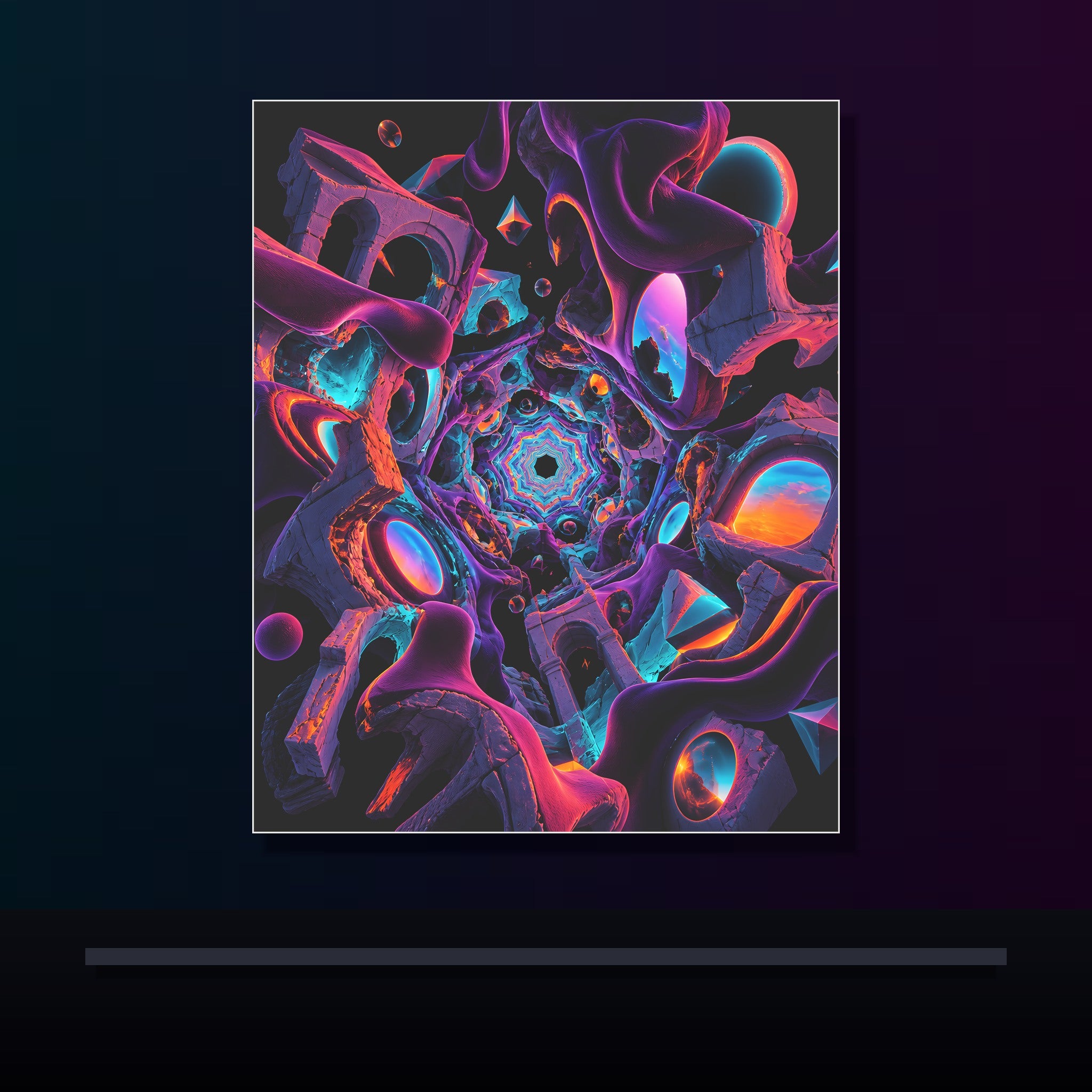 Kaleidoscope Soft Ruins original KOSVYRE poster displayed in a dark psychedelic gallery setting