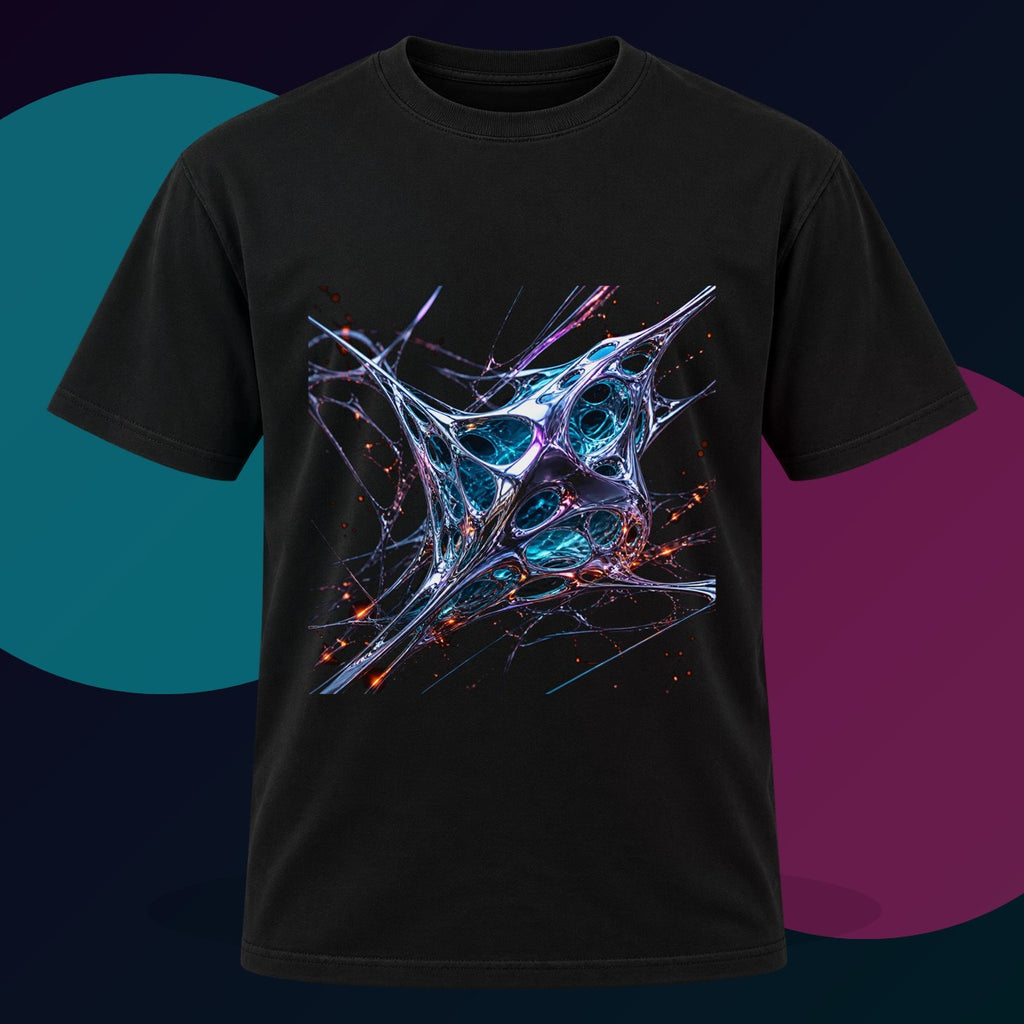 Kinetic Lattice Vessel original KOSVYRE design on a black graphic tee with cyan and violet studio lighting
