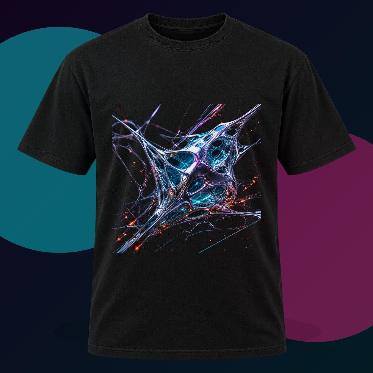 Kinetic Lattice Vessel original KOSVYRE design on a black graphic tee with cyan and violet studio lighting