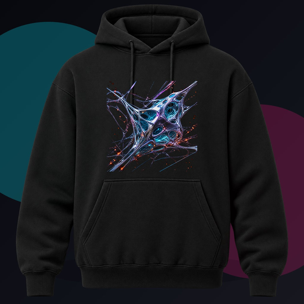 Kinetic Lattice Vessel original KOSVYRE design on a black hoodie against a graphite studio background