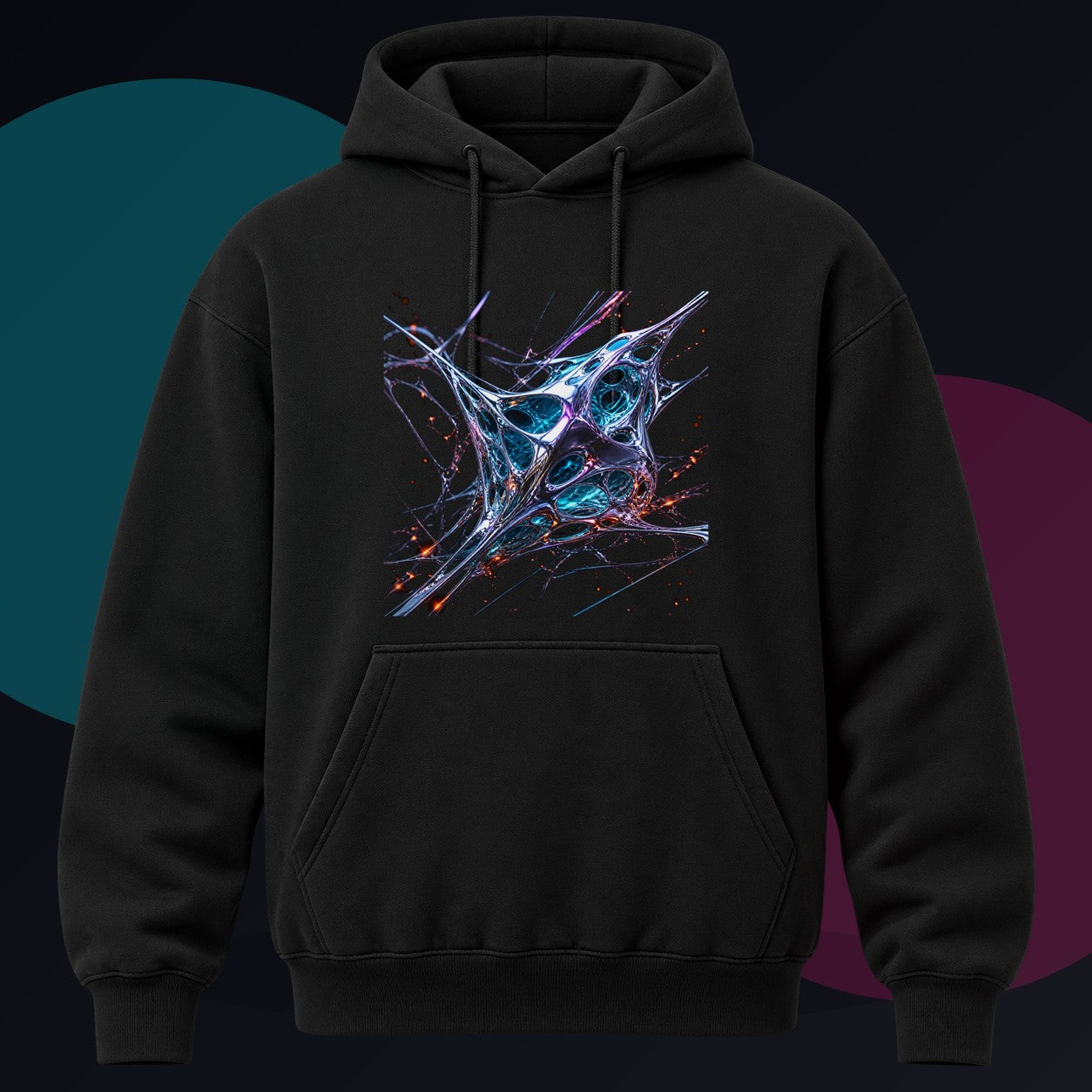 Kinetic Lattice Vessel original KOSVYRE design on a black hoodie against a graphite studio background