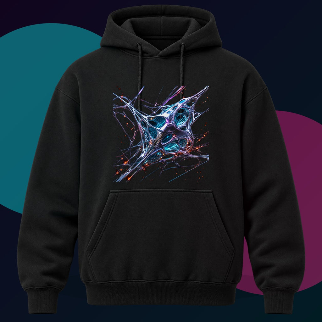 Kinetic Lattice Vessel original KOSVYRE design on a black hoodie with cyan and violet studio lighting