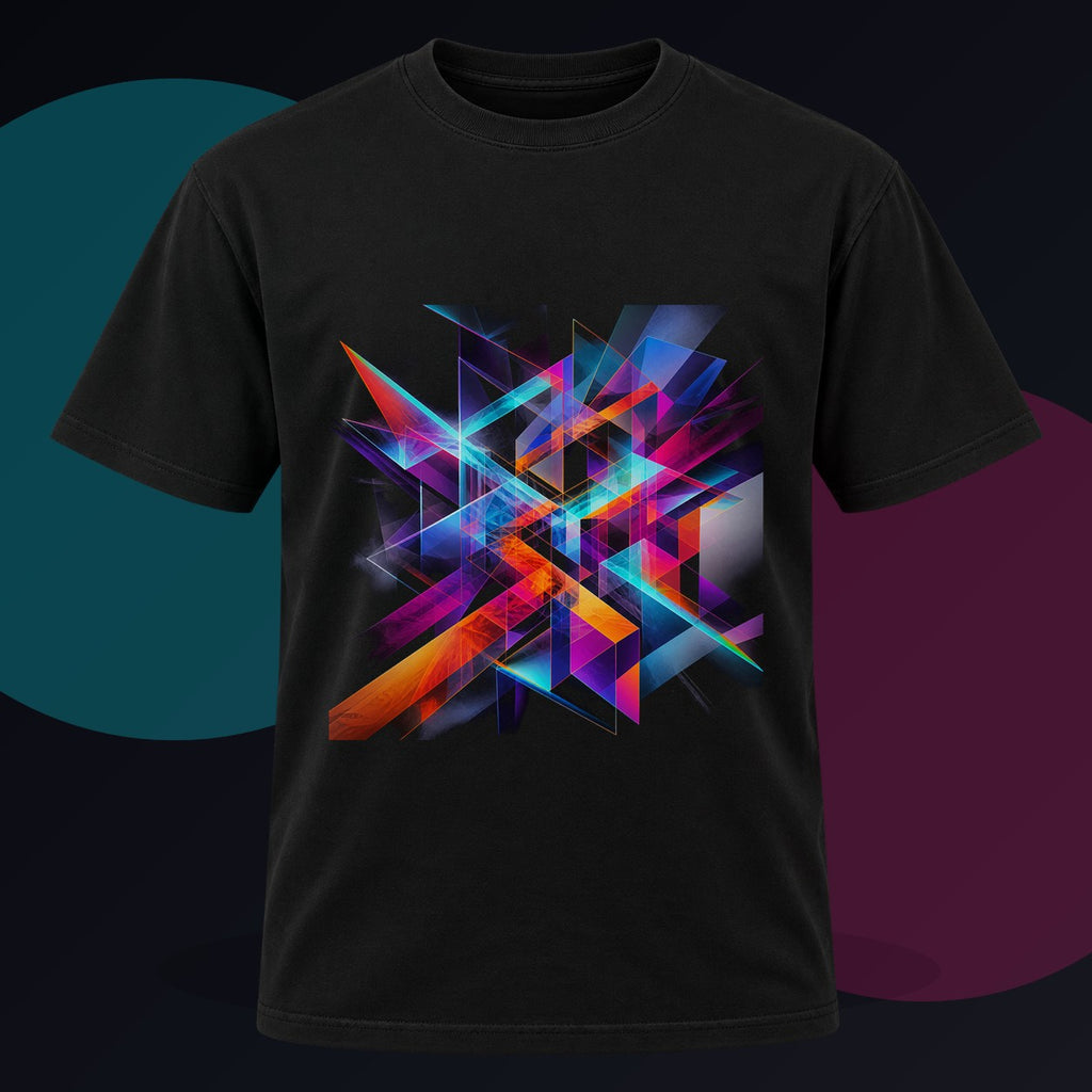 Kinetic Prism Choir original KOSVYRE design on a black graphic tee against a graphite studio background