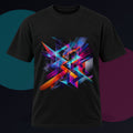 Kinetic Prism Choir original KOSVYRE design on a black graphic tee against a graphite studio background