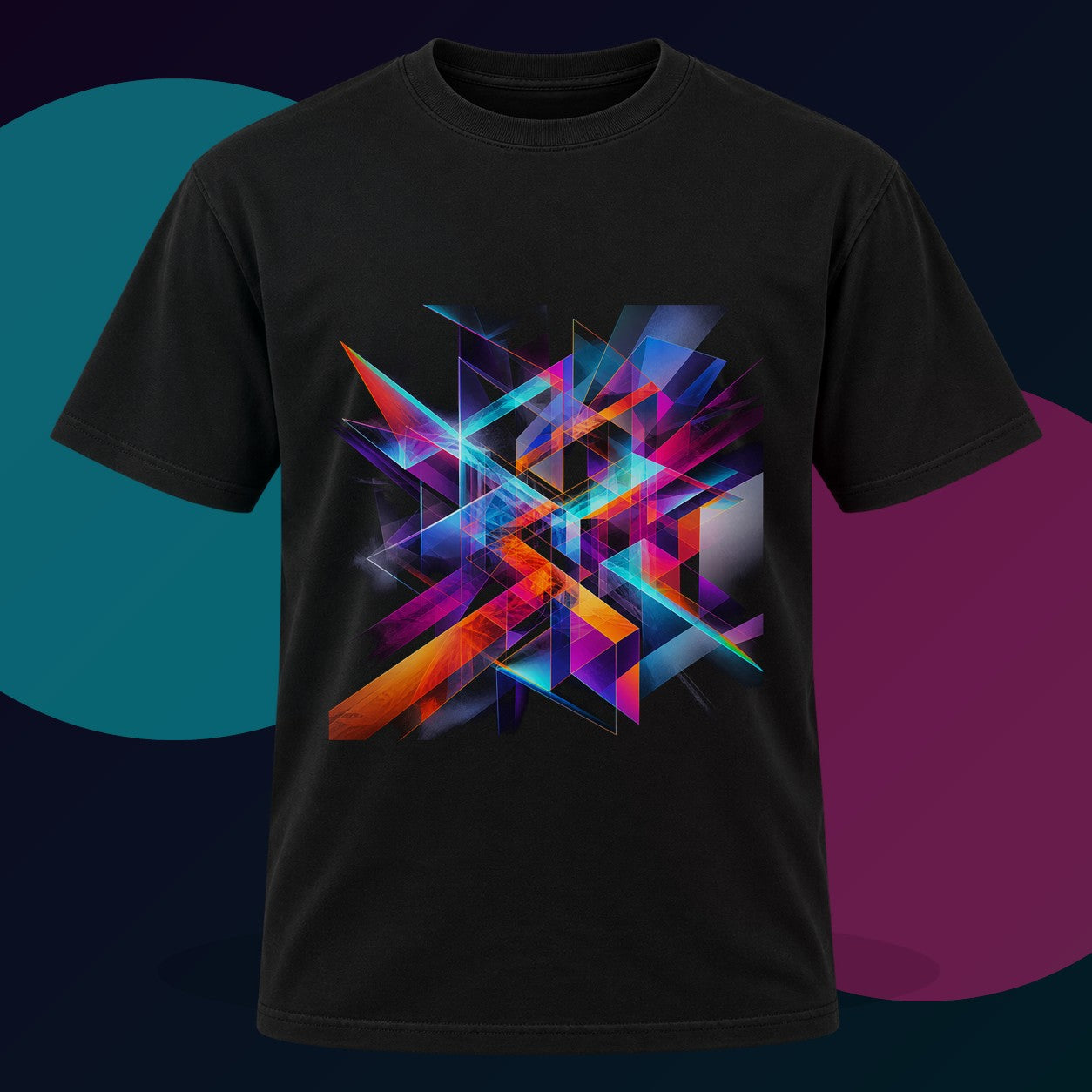 Kinetic Prism Choir original KOSVYRE design on a black graphic tee with cyan and violet studio lighting