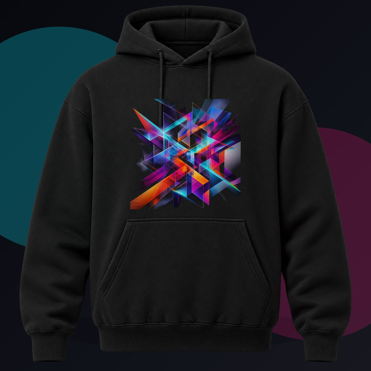 Kinetic Prism Choir original KOSVYRE design on a black hoodie against a graphite studio background