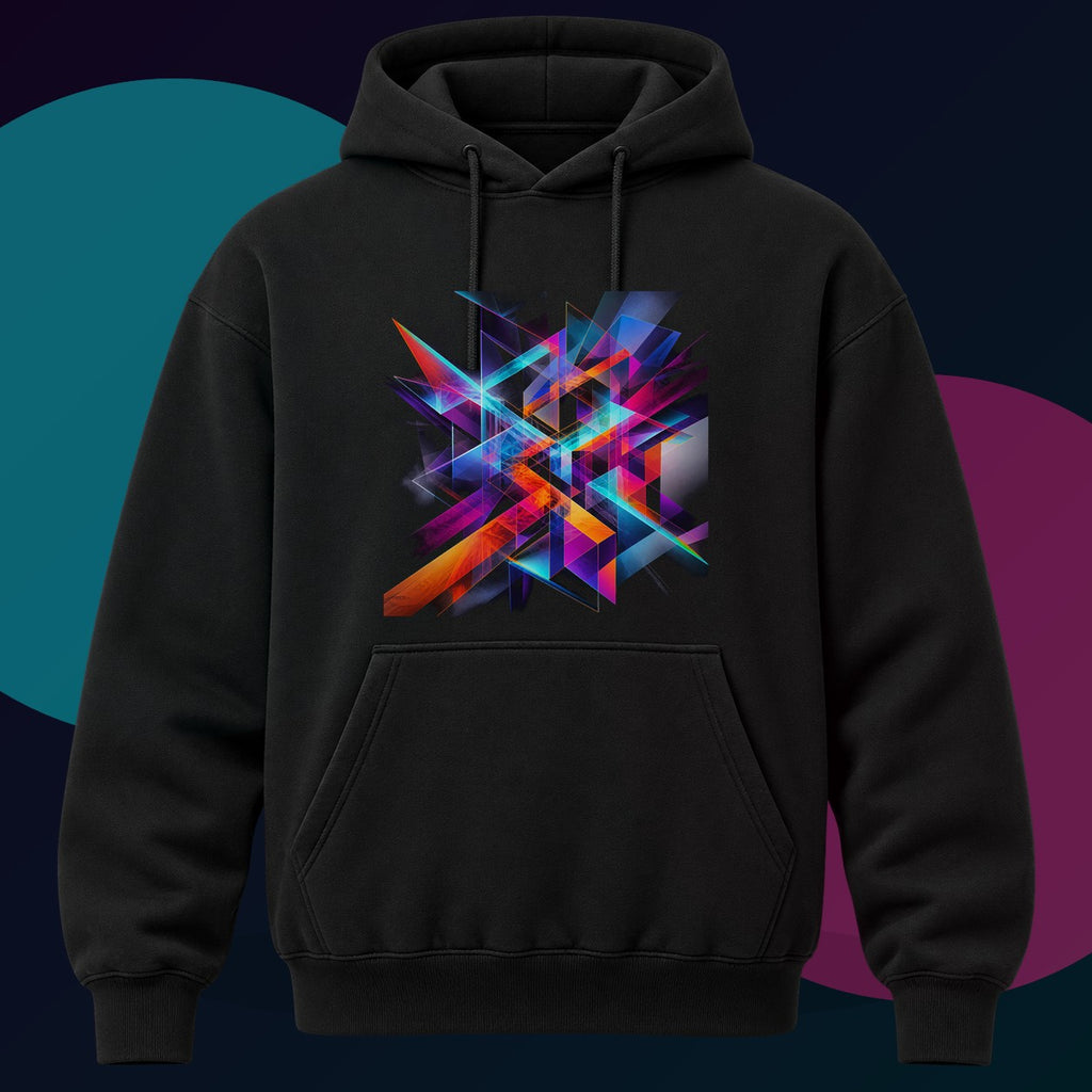 Kinetic Prism Choir original KOSVYRE design on a black hoodie with cyan and violet studio lighting