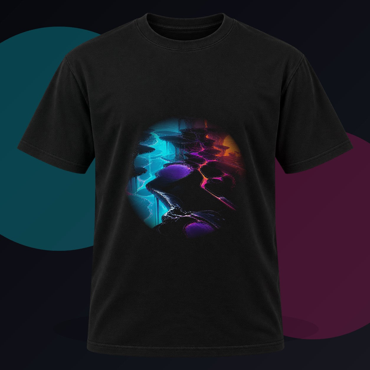 Lacquer Rift Garden original KOSVYRE design on a black graphic tee against a graphite studio background