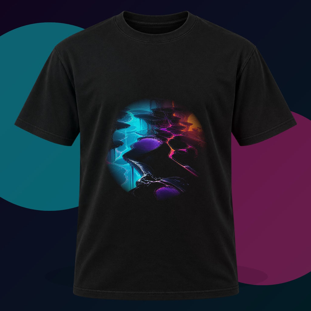 Lacquer Rift Garden original KOSVYRE design on a black graphic tee with cyan and violet studio lighting