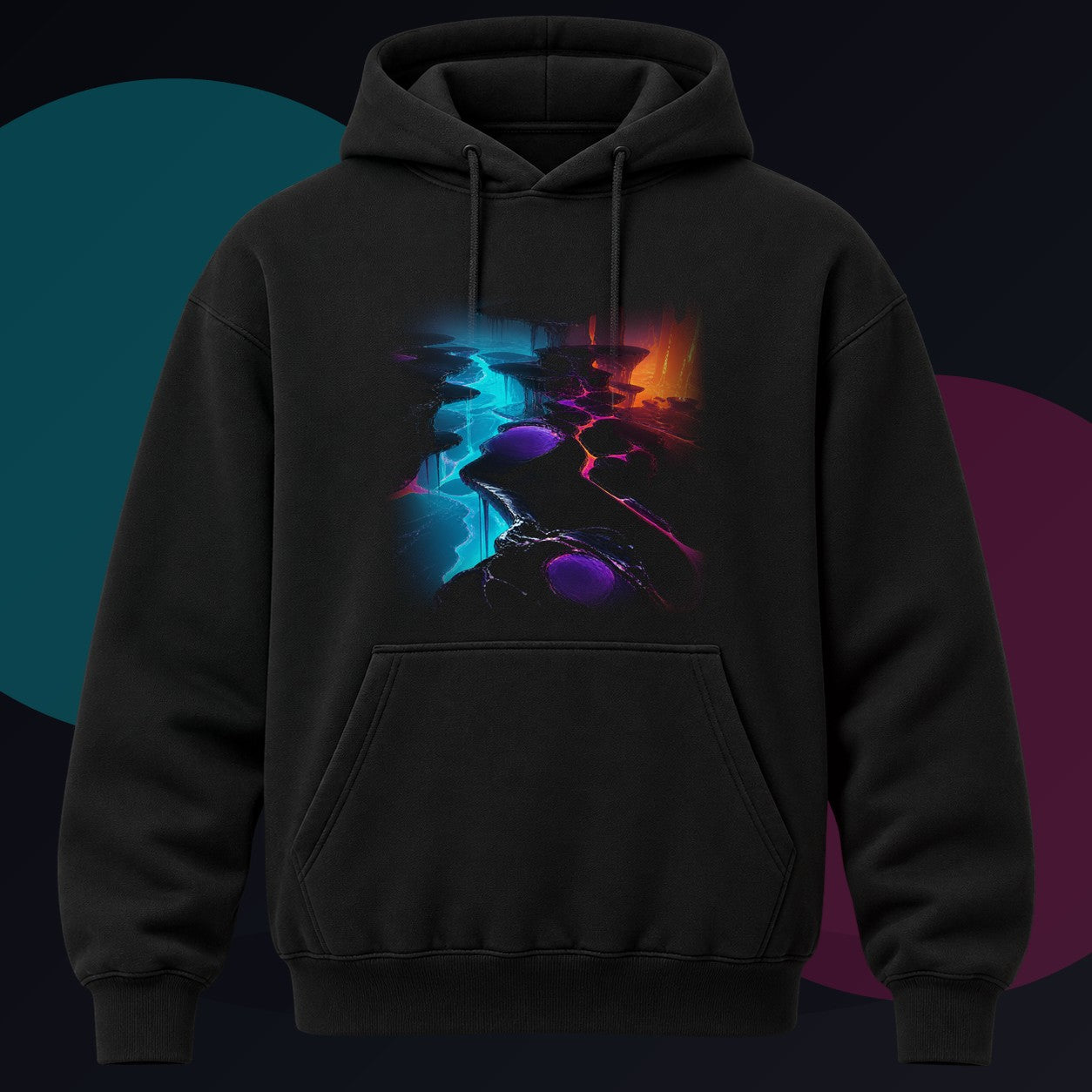 Lacquer Rift Garden original KOSVYRE design on a black hoodie against a graphite studio background