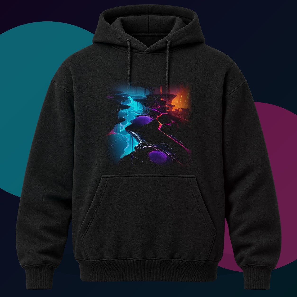 Lacquer Rift Garden original KOSVYRE design on a black hoodie with cyan and violet studio lighting