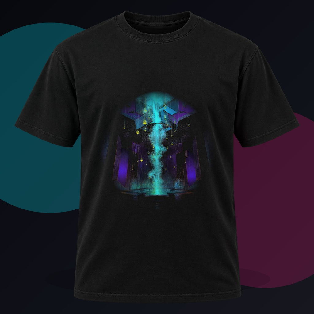 Lacuna Weather original KOSVYRE design on a black graphic tee against a graphite studio background
