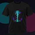Lacuna Weather original KOSVYRE design on a black graphic tee against a graphite studio background