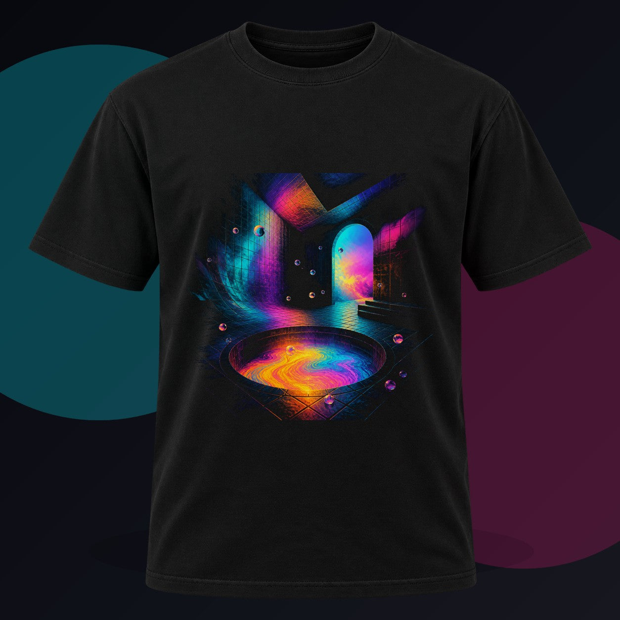 Liminal Colorwell original KOSVYRE design on a black graphic tee against a graphite studio background