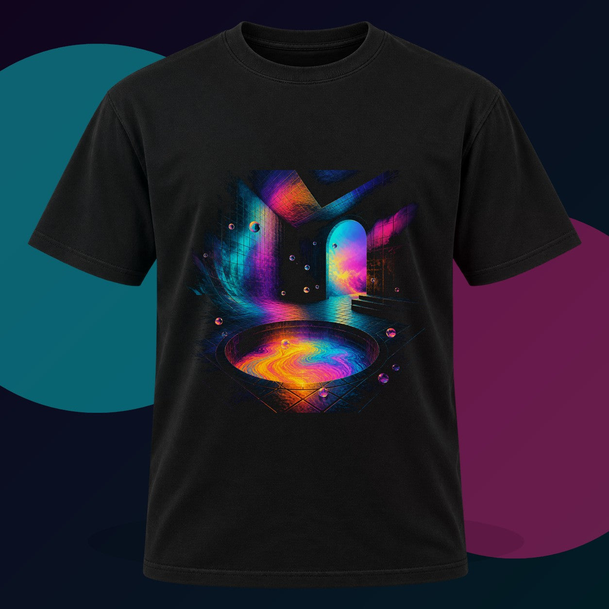 Liminal Colorwell original KOSVYRE design on a black graphic tee with cyan and violet studio lighting