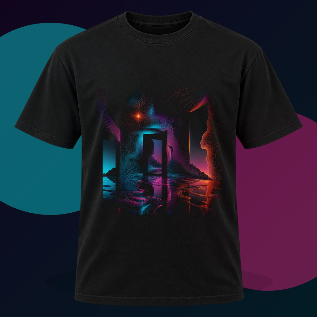 Liminal Heatmap original KOSVYRE design on a black graphic tee with cyan and violet studio lighting