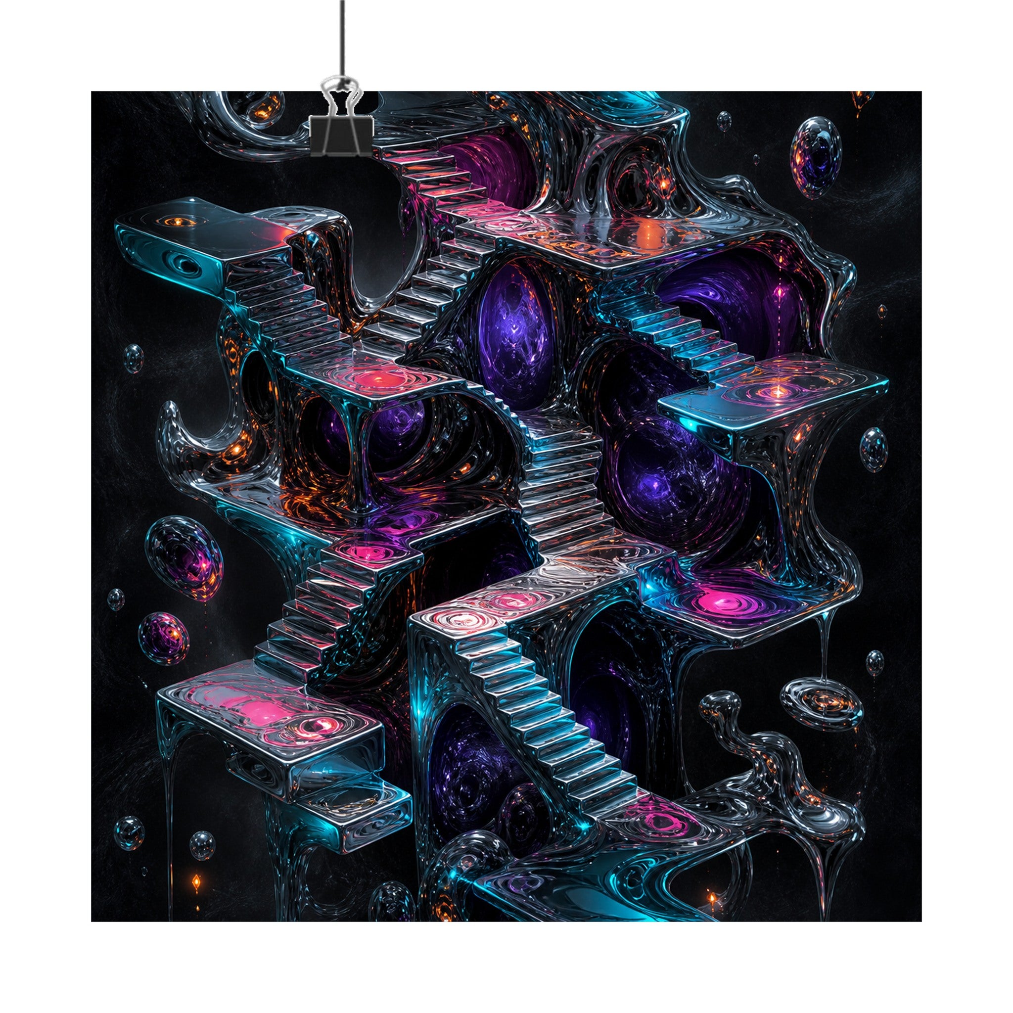 Liminal Mercury Stair original KOSVYRE art print displayed with binder clips