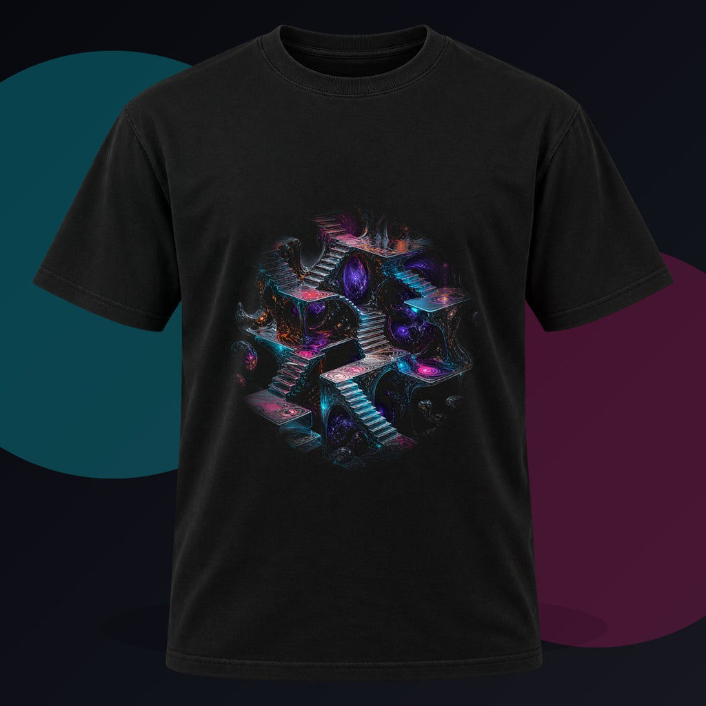 Liminal Mercury Stair original KOSVYRE design on a black graphic tee against a graphite studio background