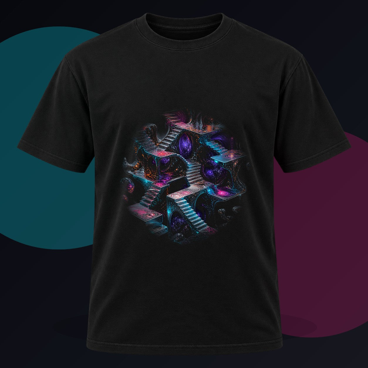 Liminal Mercury Stair original KOSVYRE design on a black graphic tee against a graphite studio background