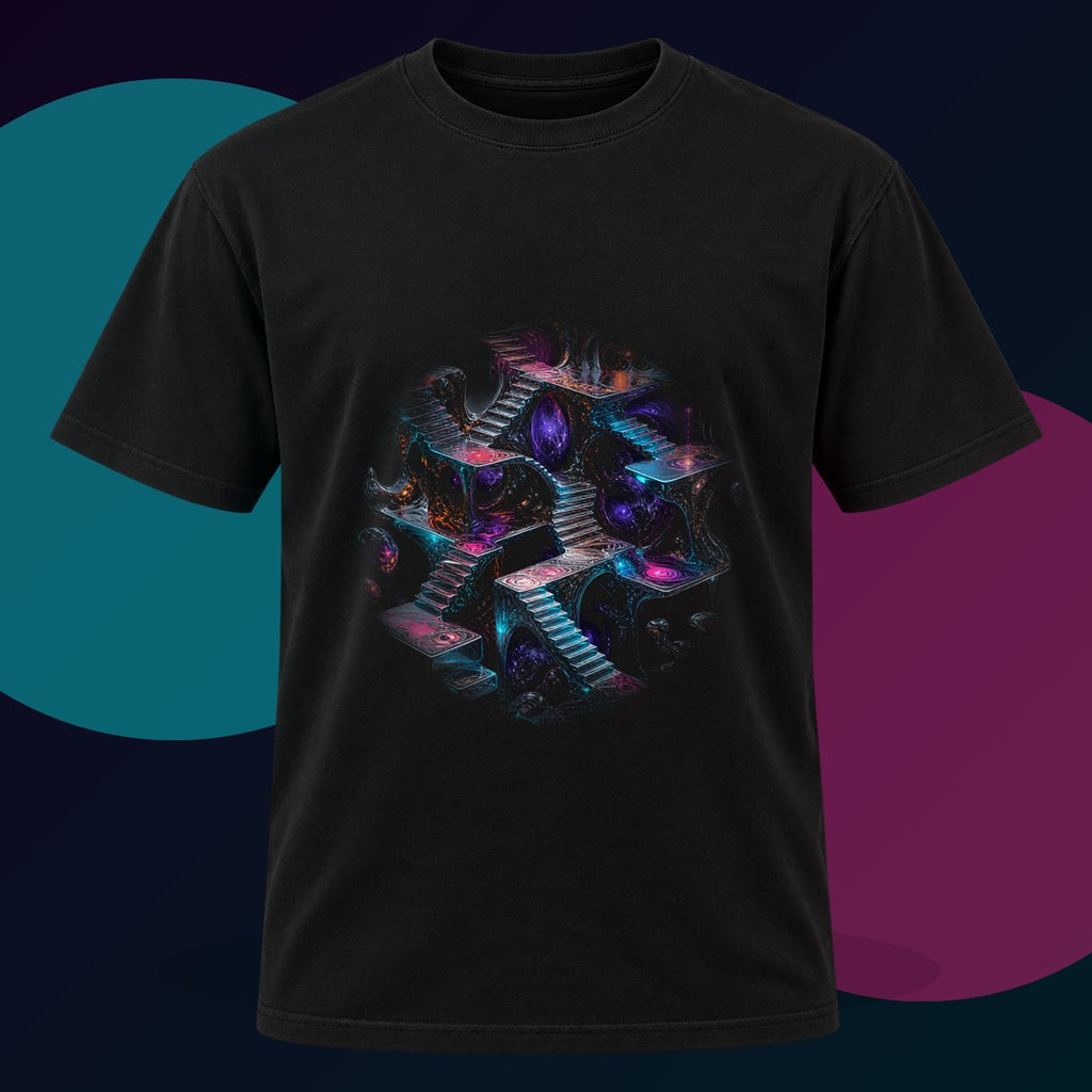 Liminal Mercury Stair original KOSVYRE design on a black graphic tee with cyan and violet studio lighting