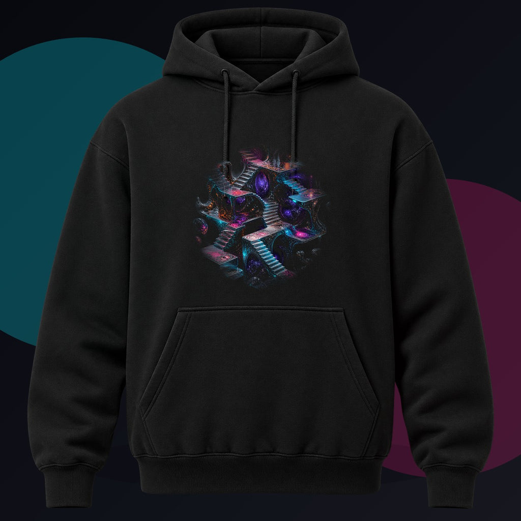 Liminal Mercury Stair original KOSVYRE design on a black hoodie against a graphite studio background
