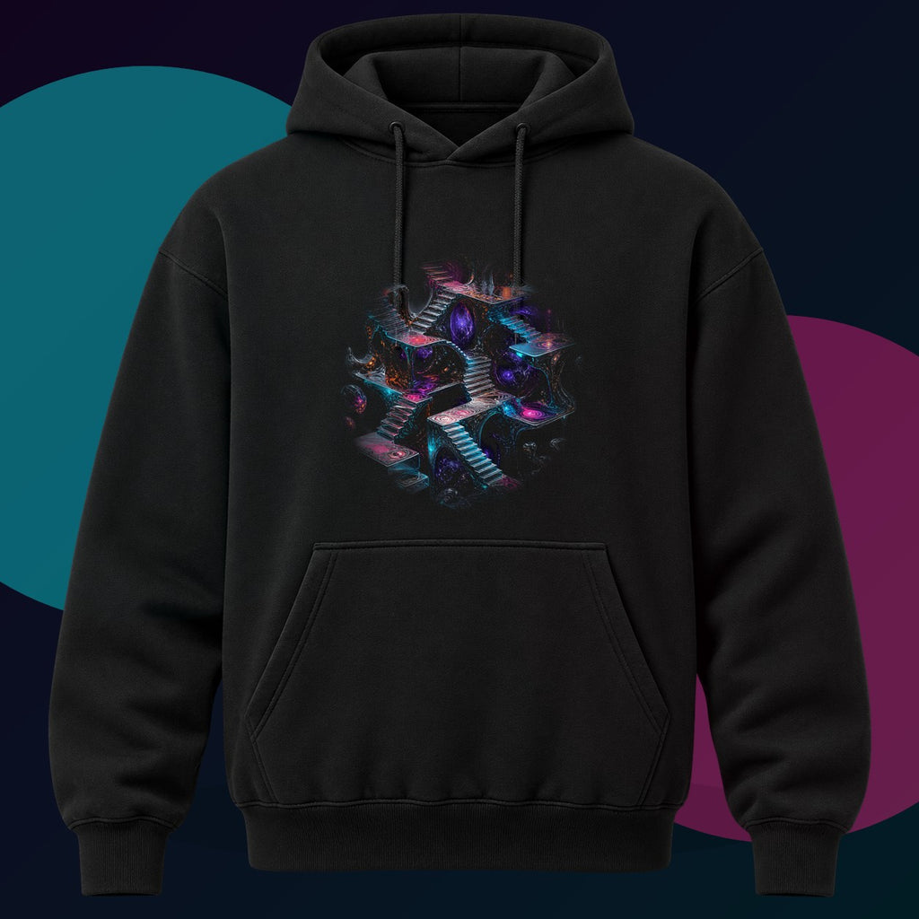 Liminal Mercury Stair original KOSVYRE design on a black hoodie with cyan and violet studio lighting