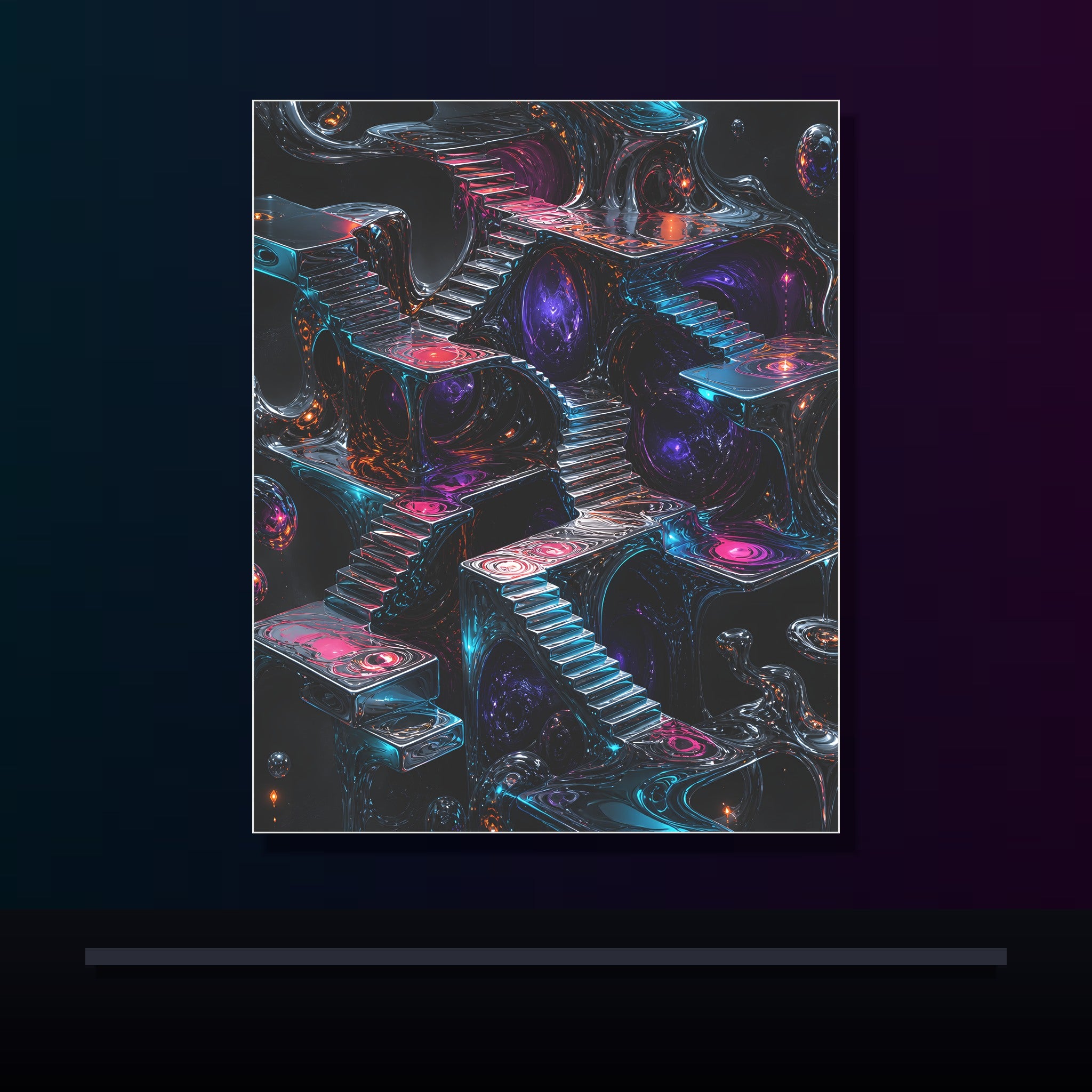 Liminal Mercury Stair original KOSVYRE poster displayed in a dark psychedelic gallery setting