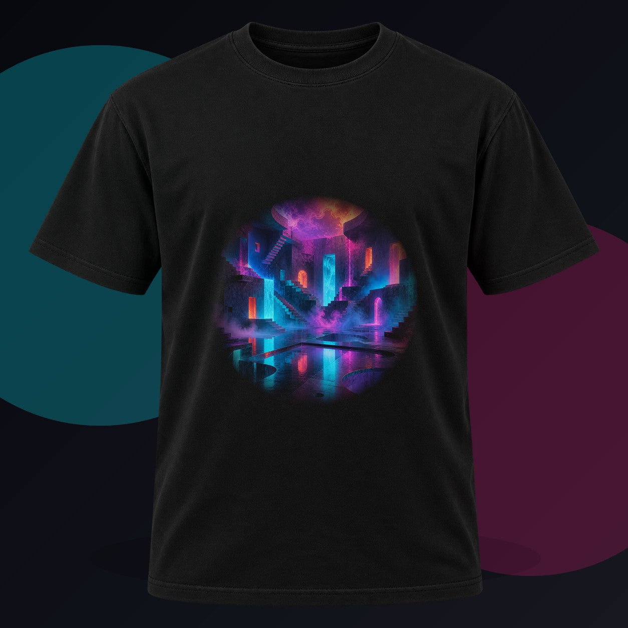 Liminal Neon Reservoir original KOSVYRE design on a black graphic tee against a graphite studio background