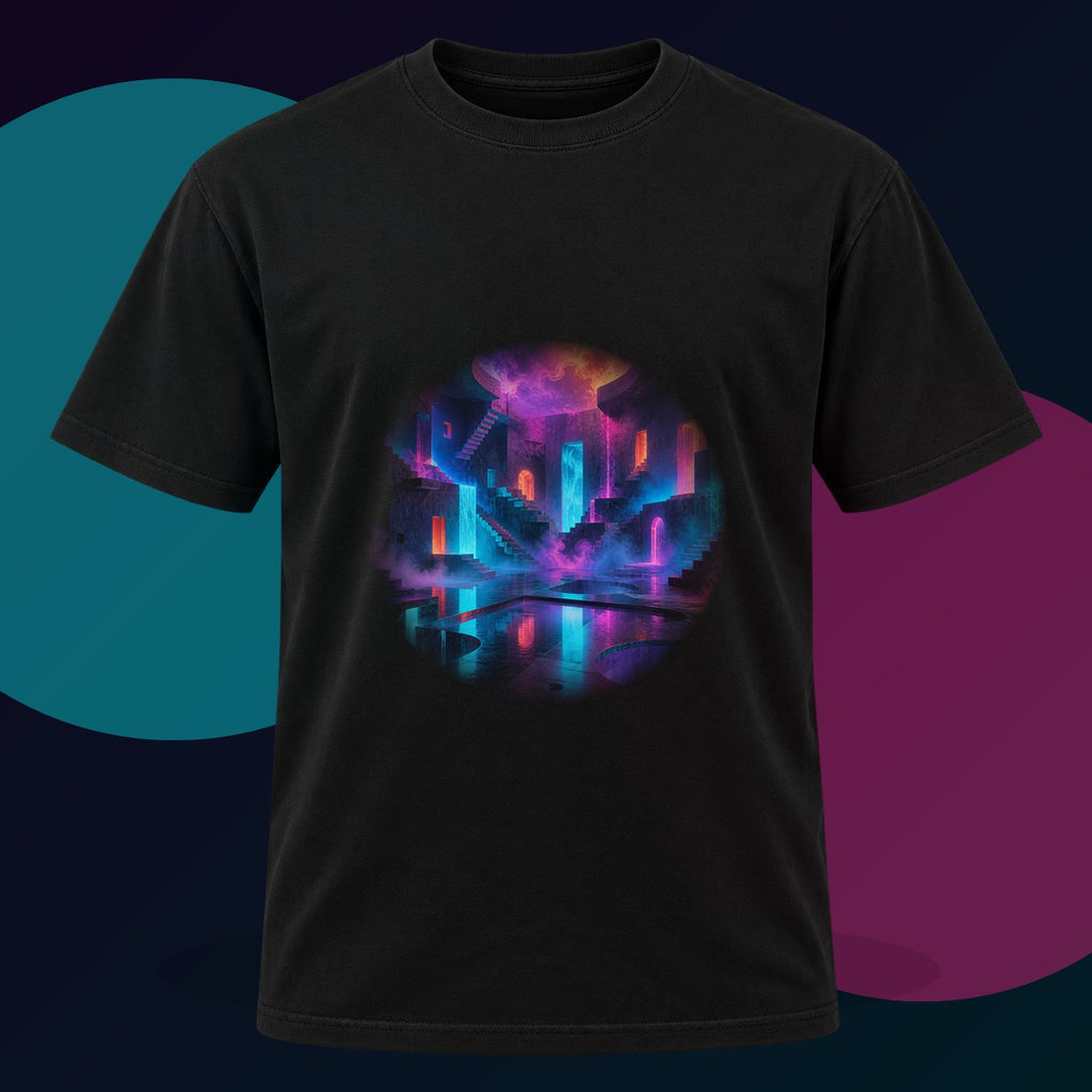 Liminal Neon Reservoir original KOSVYRE design on a black graphic tee with cyan and violet studio lighting