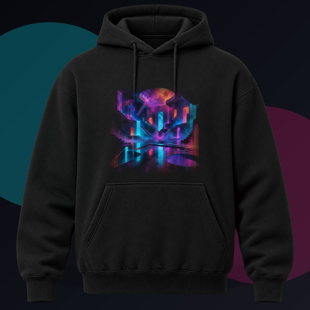 Liminal Neon Reservoir original KOSVYRE design on a black hoodie against a graphite studio background