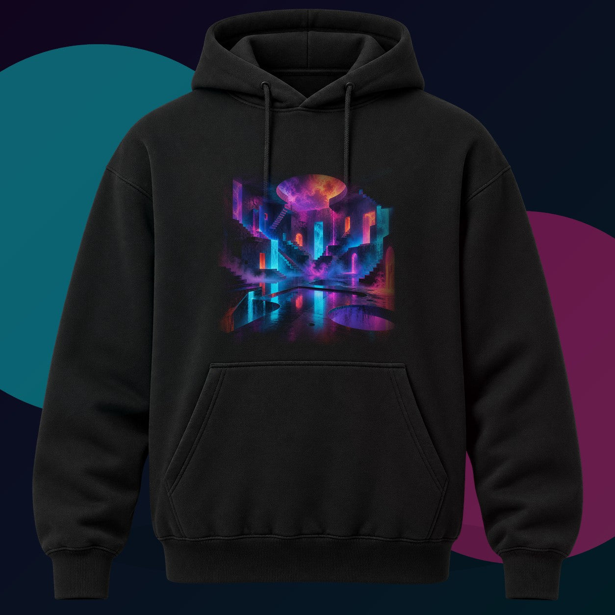Liminal Neon Reservoir original KOSVYRE design on a black hoodie with cyan and violet studio lighting