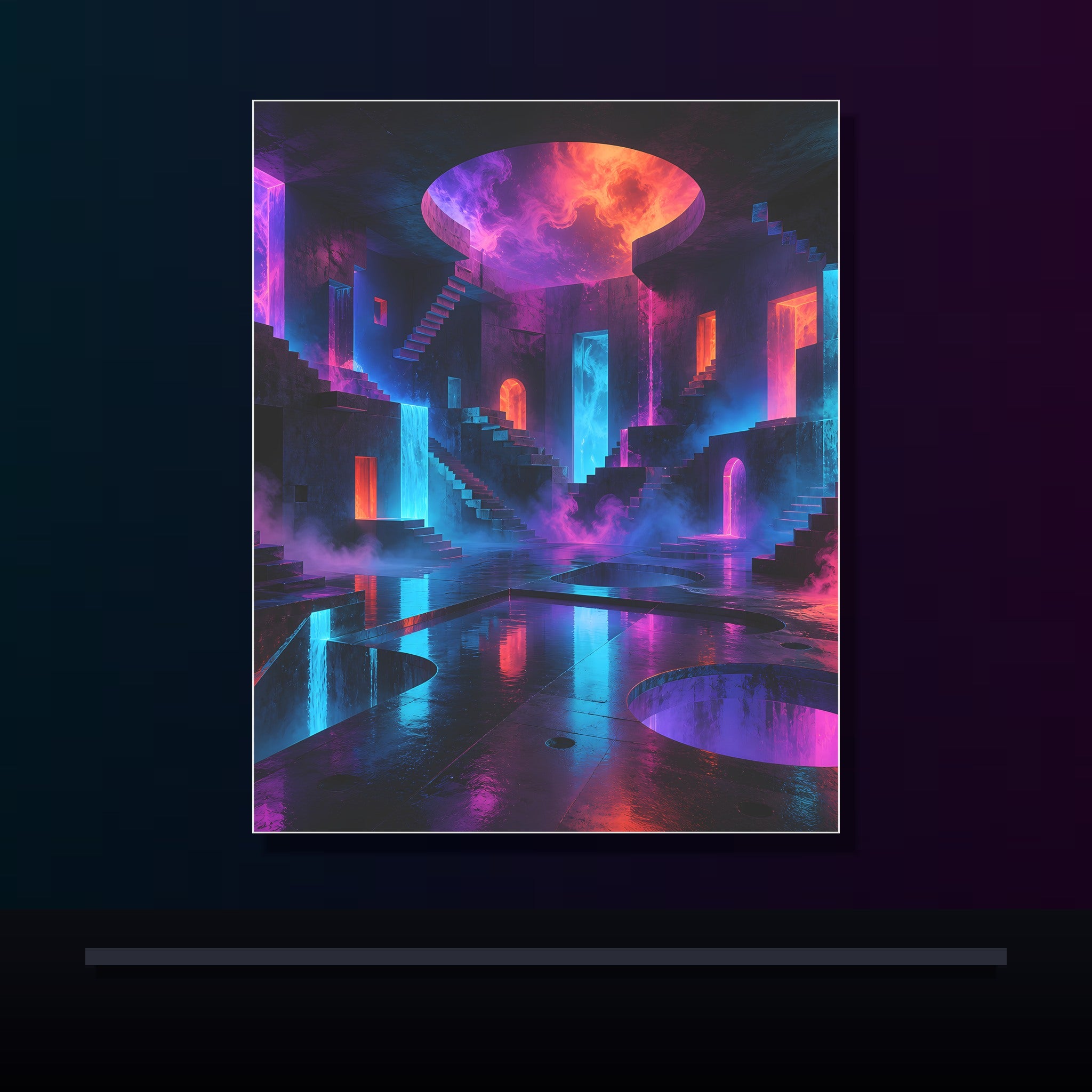 Liminal Neon Reservoir original KOSVYRE poster displayed in a dark psychedelic gallery setting