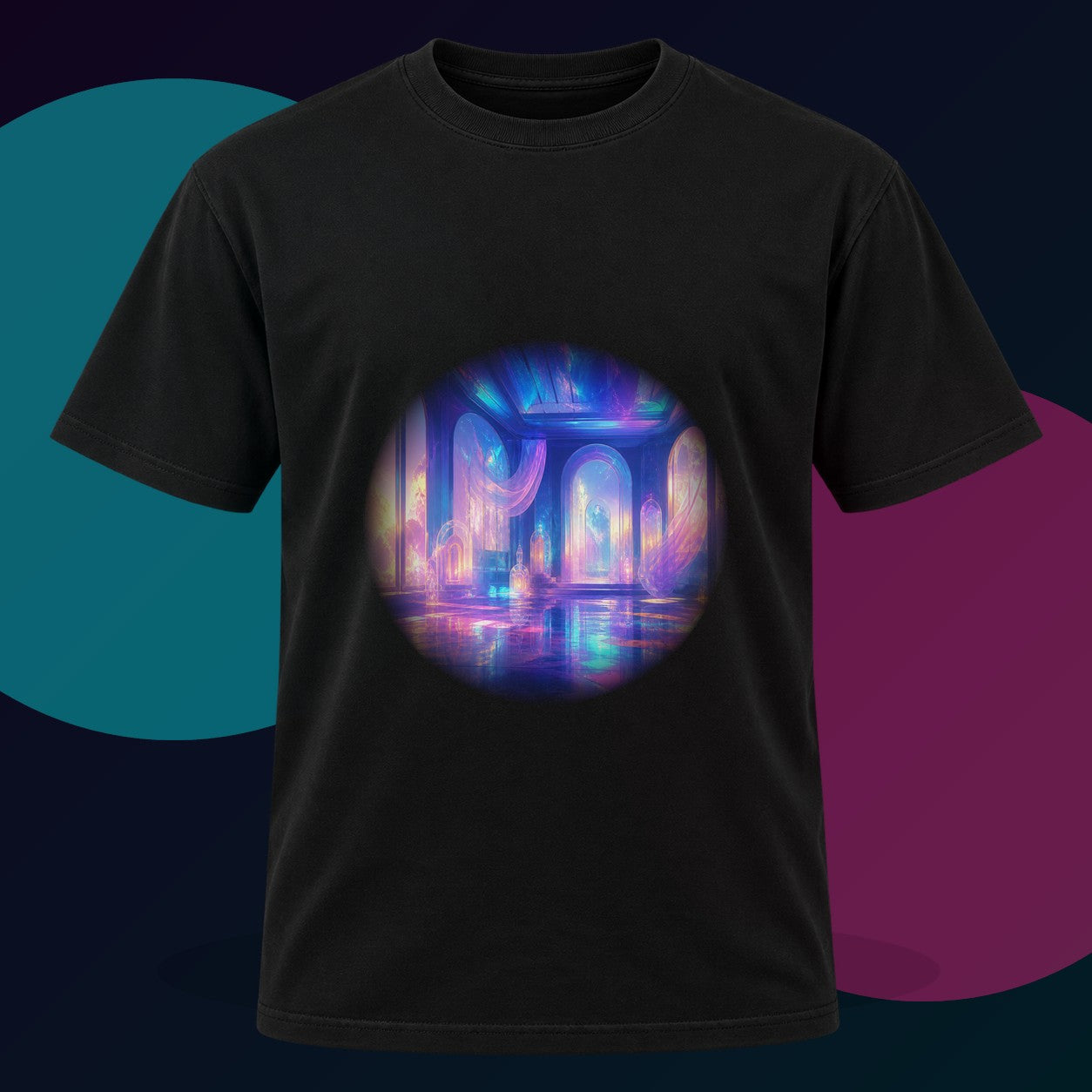 Liminal Sunroom Choir original KOSVYRE design on a black graphic tee with cyan and violet studio lighting