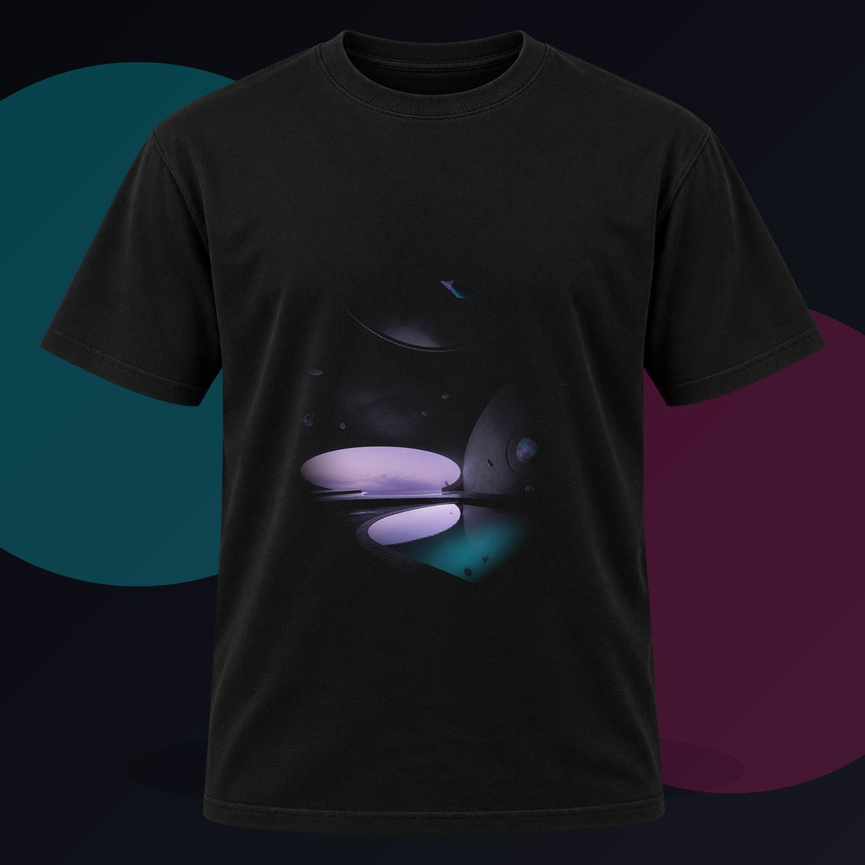 Liminal Velvet Observatory original KOSVYRE design on a black graphic tee against a graphite studio background