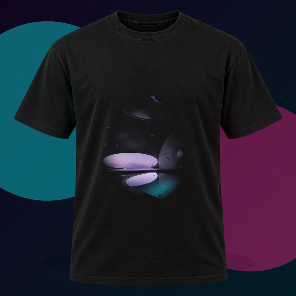 Liminal Velvet Observatory original KOSVYRE design on a black graphic tee with cyan and violet studio lighting