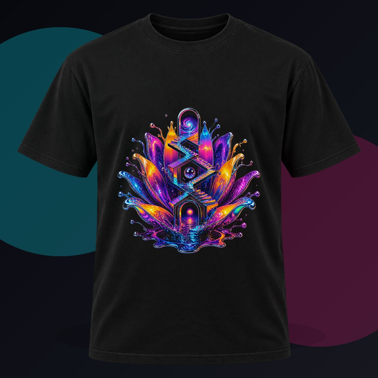 Liquid Staircase Bloom original KOSVYRE design on a black graphic tee against a graphite studio background