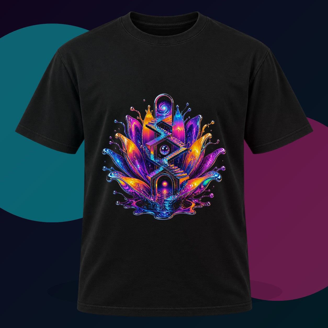 Liquid Staircase Bloom original KOSVYRE design on a black graphic tee with cyan and violet studio lighting