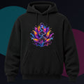 Liquid Staircase Bloom original KOSVYRE design on a black hoodie against a graphite studio background