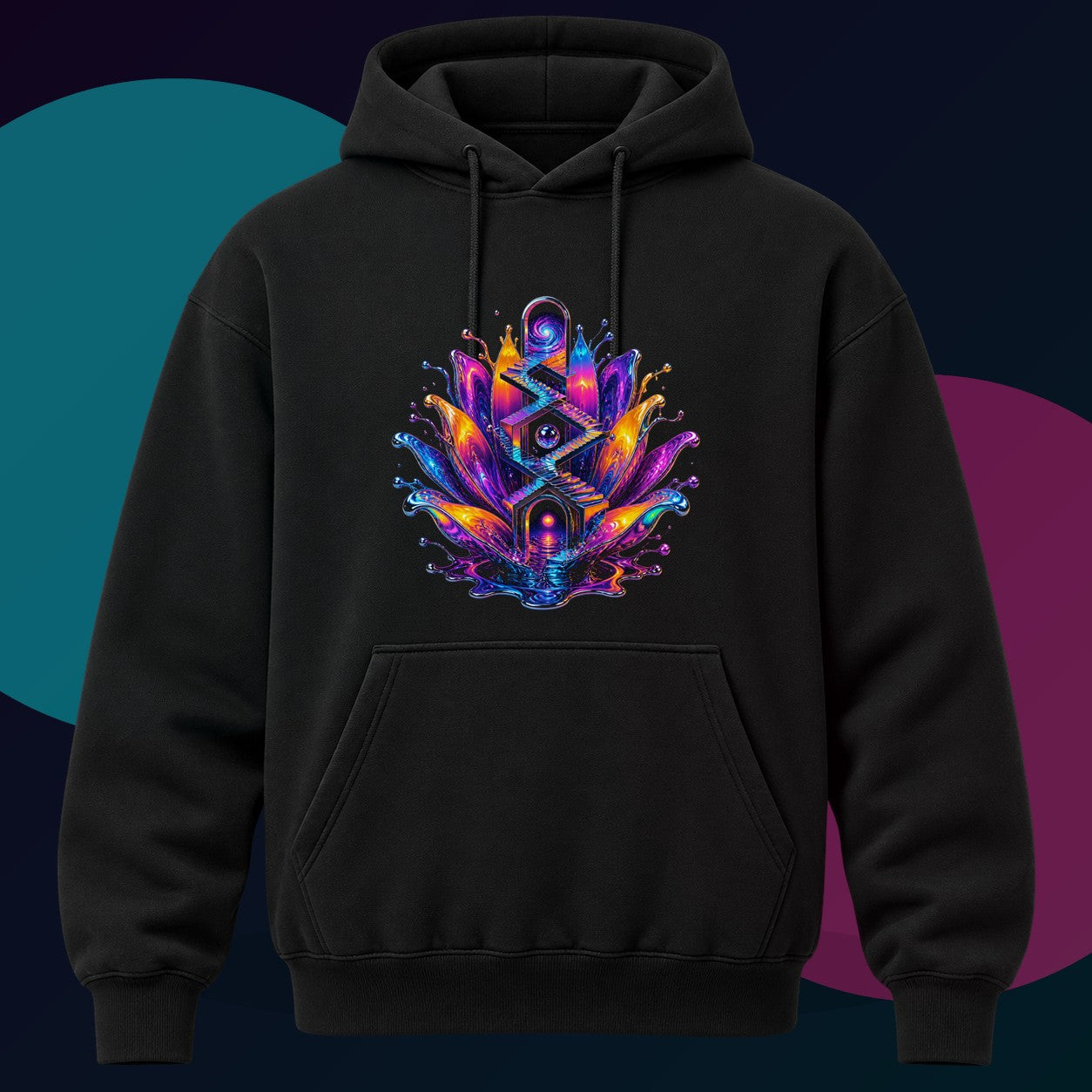Liquid Staircase Bloom original KOSVYRE design on a black hoodie with cyan and violet studio lighting